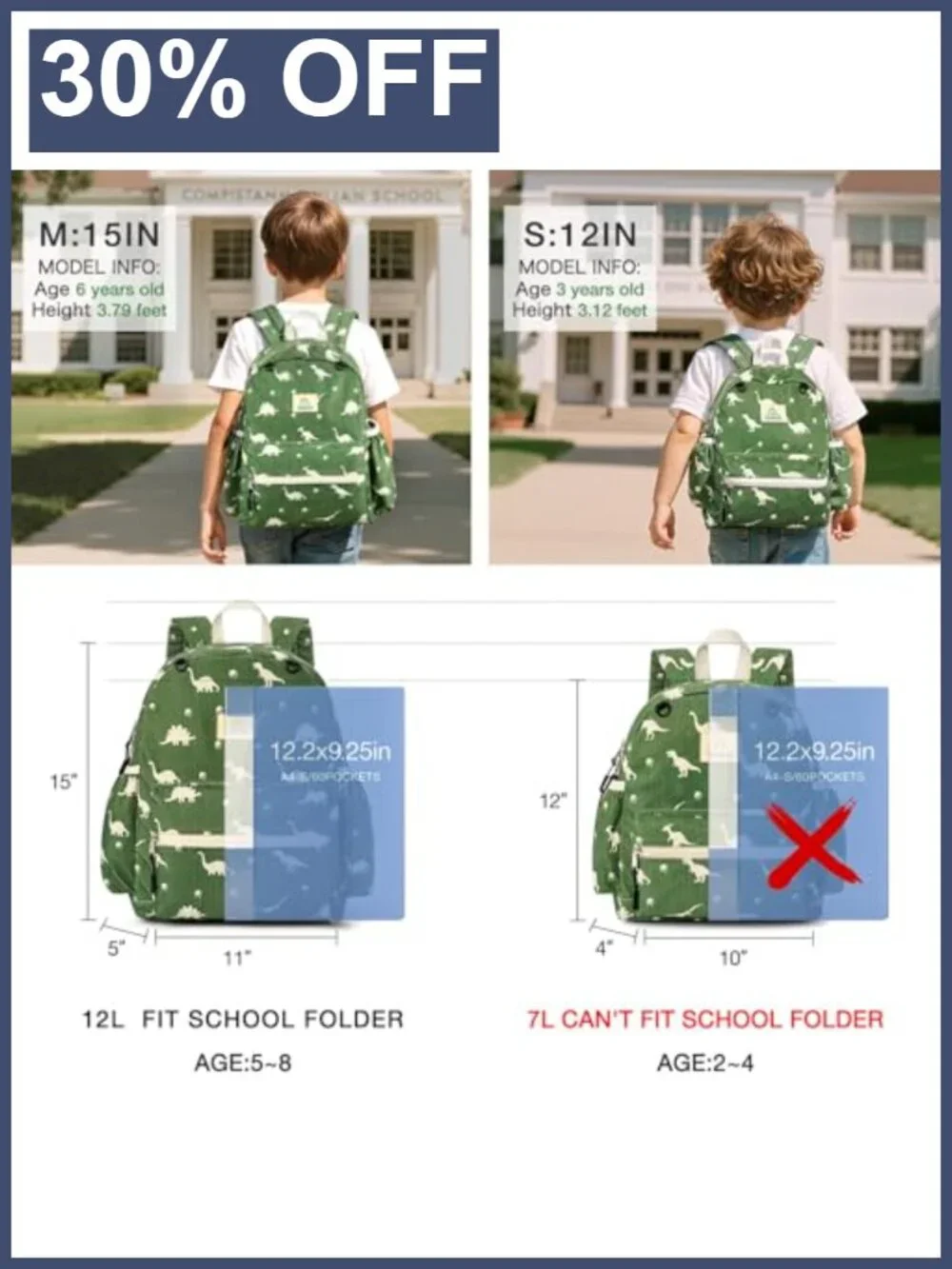 Kids Backpack for School - Corduroy Dinosaur Daypack with Whistle